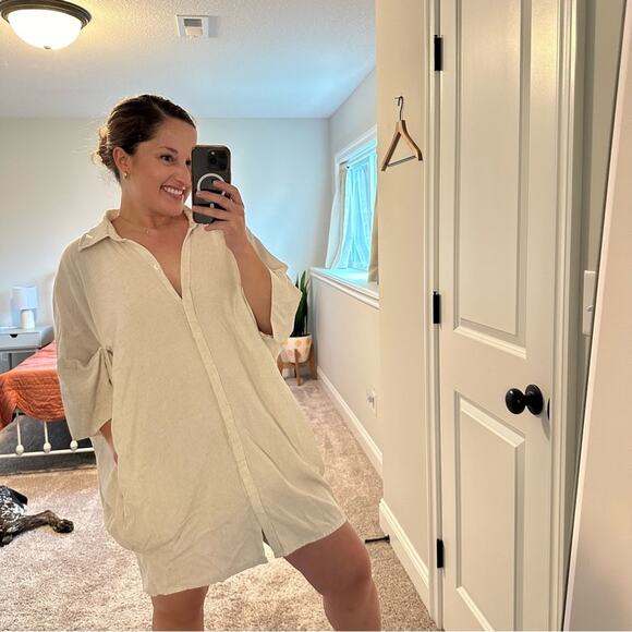 Myrah Penaloza Tan Cream Linen Blend Button Front Mini Dress M/L - Picture 2 of 12